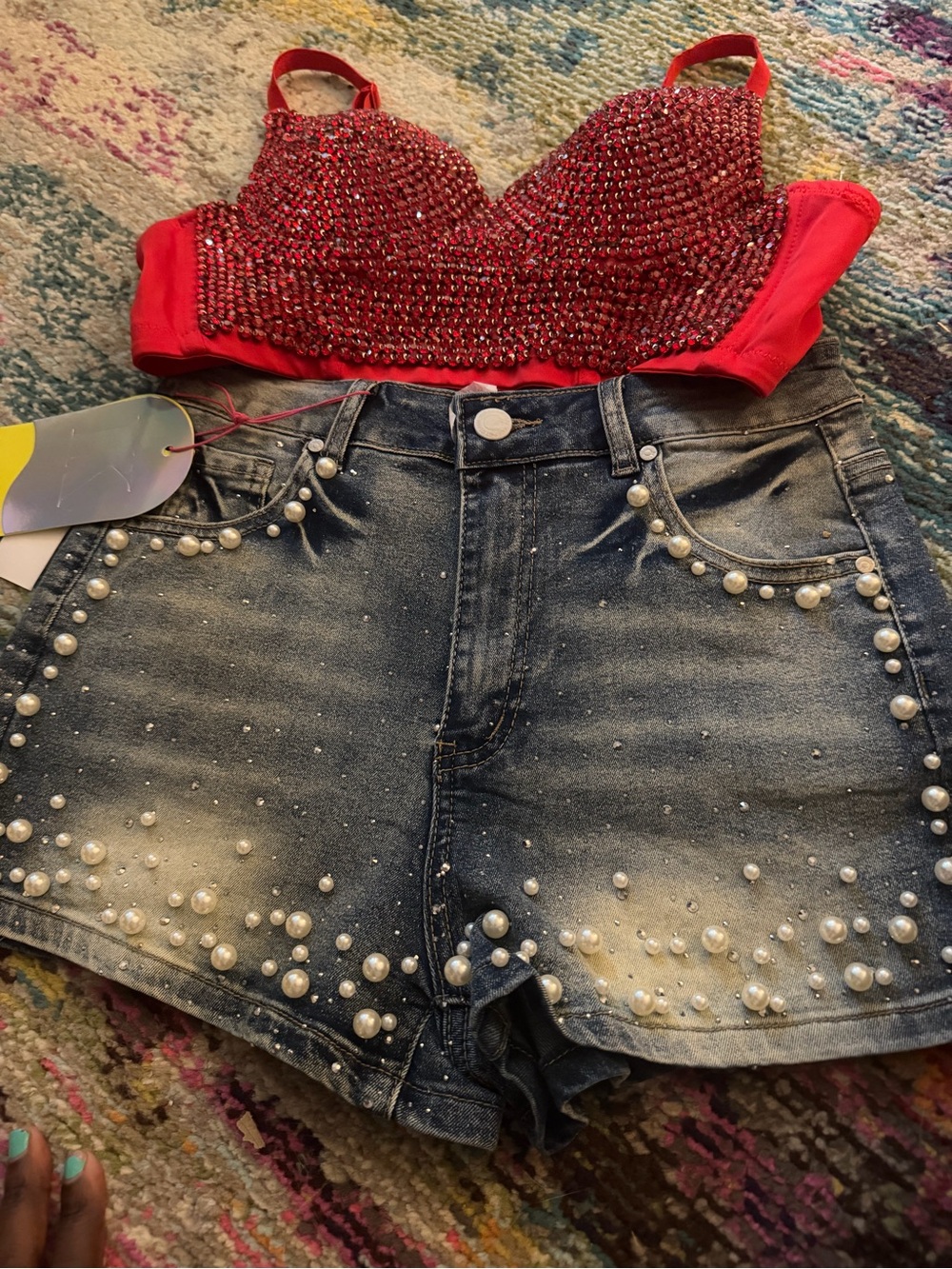 Pearl-Trim Distressed Denim Shorts - Blue